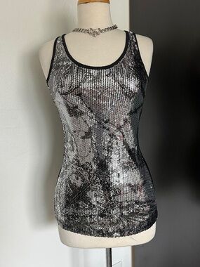 Forever 21 Silver Sequin Tank Top with Black Trim Medium Patterned & Stretchy